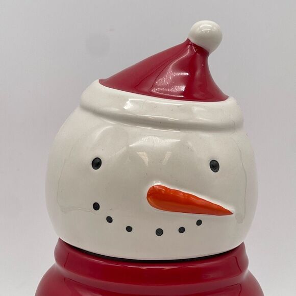RAE DUNN Canister Let It Snow Red White Ceramic Baby Snowman Topper Christmas - Picture 3 of 14
